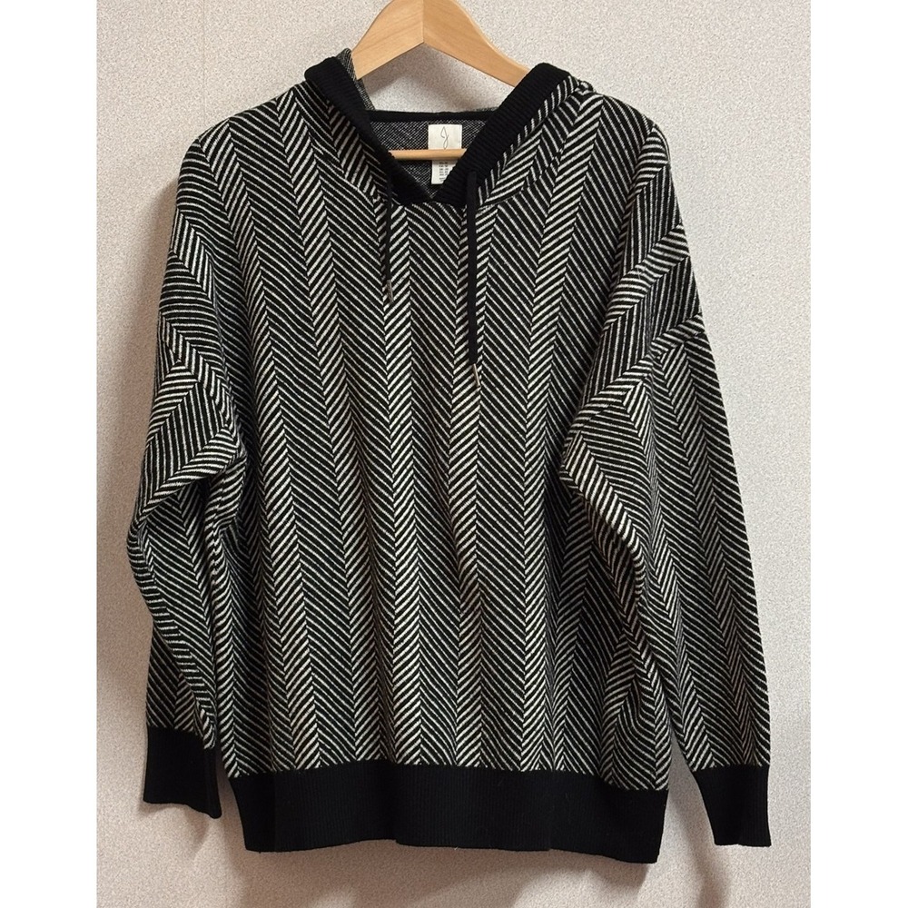Joie Herringbone Knit Hoodie Women 1X Black White Excellent Chevron Sweater Plus